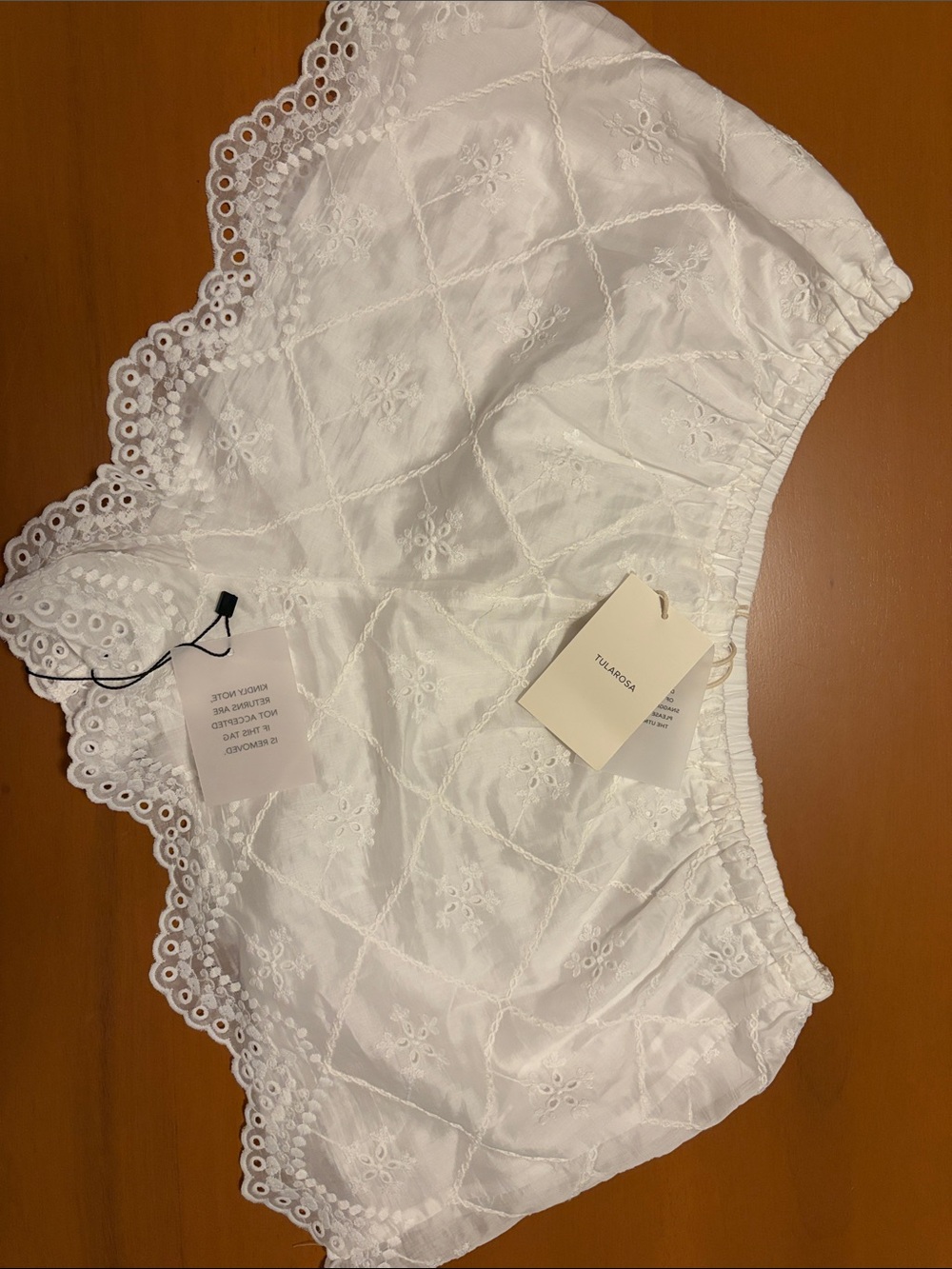 Tularosa White Eyelet Cotton Lounge Shorts with Scalloped Trim